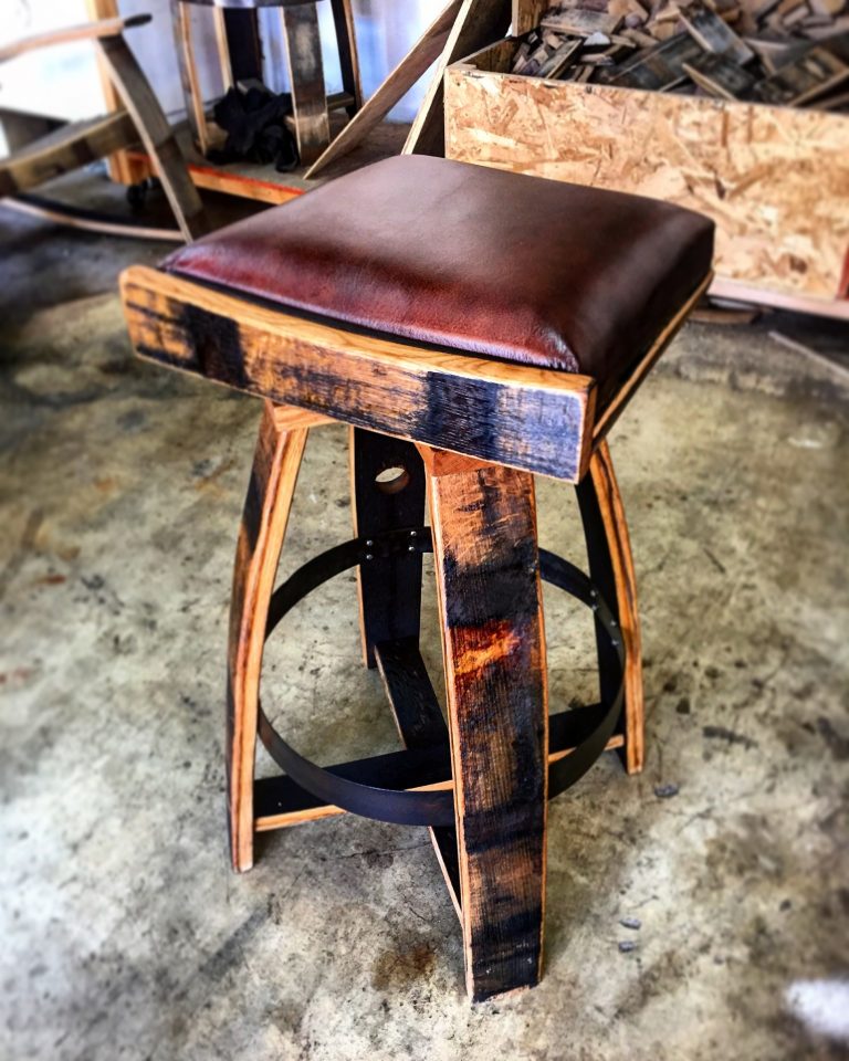 Leather Bourbon Barrel Bar Stools from Reclaimed Oak Barrels